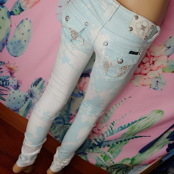 Miss Me ☆ Custom Baby Blue White Tie Dye Bling Wings Rhinestone Skinny Jeans 26 - Picture 3 of 15
